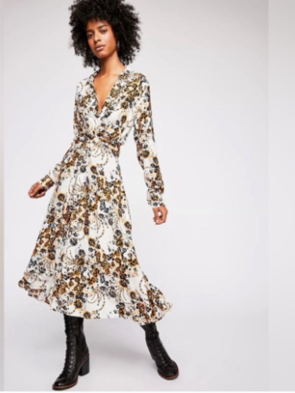Free People Tough Love Floral Dress Boho Midi Maxi Shirt Collared Size 8